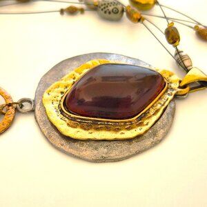 AMBER 3 STRAND PENDANT BEADS ARTISAN LONG NECKLACE